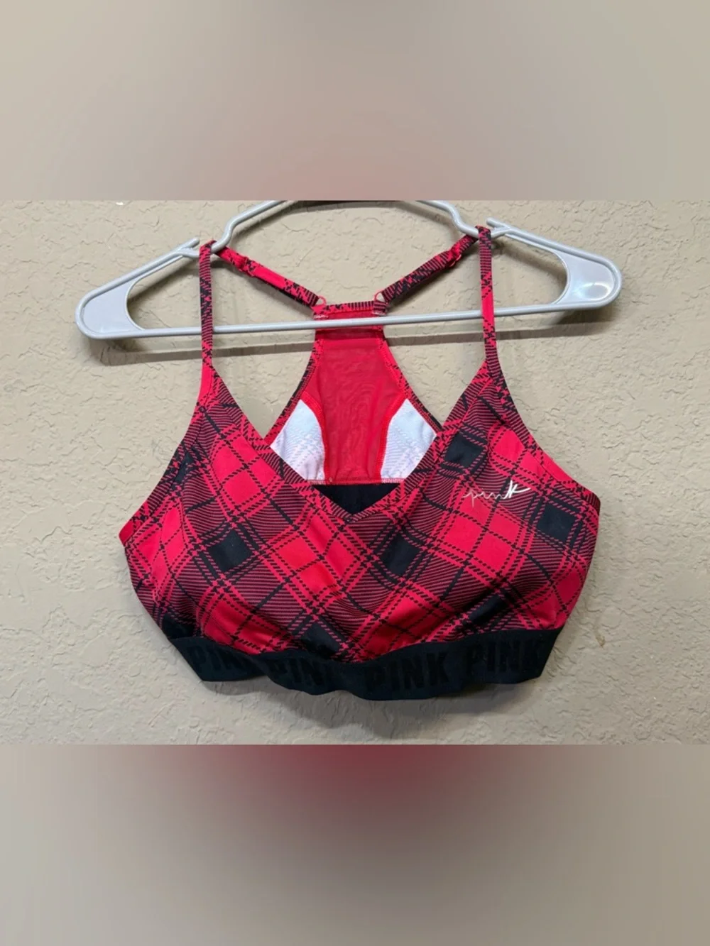 New PINK Victoria's Secret Red Plaid Strappy Sports Bra